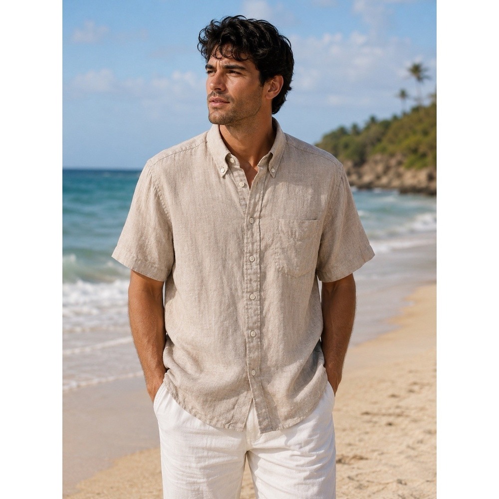 Brooks Brothers Regent Men's L Beige 100% Irish Linen Short Sleeve Shirt
